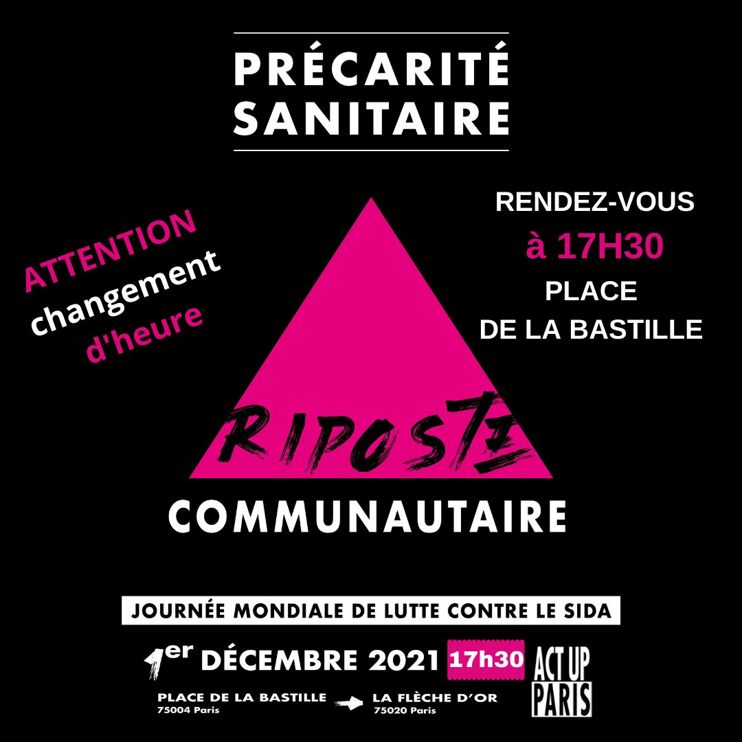 actupparis's tweet photo. 🔴ATTENTION CHANGEMENT D'HORAIRE 🔴
Rendez-vous à ▶️17H30 ◀️ Place de la Bastille 
pour la manifestation de la journée mondiale pour la lutte contre le sida à l'initiative d'Act Up-Paris.
FAITES PASSER LE MOT!
Toutes les infos régulièrement mises à jour 
➡️https://t.co/cU0JTeMyAf https://t.co/7NHTR8Bjdz