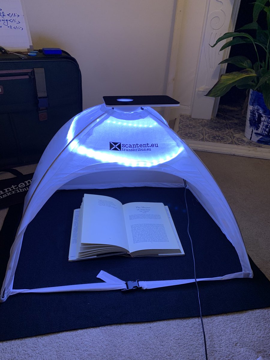 J_Nockels's tweet photo. Morning of playing around with the ScanTent, LEDs necessary considering how grey Edinburgh is today @Transkribus https://t.co/xivocp9JxF