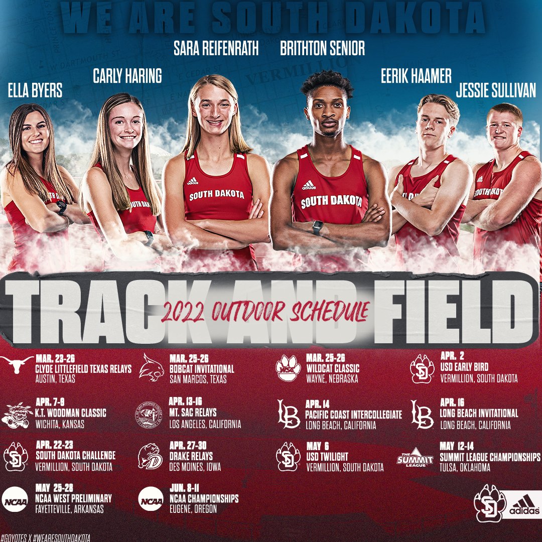 SDCoyotesXCTF's tweet photo. The second half of the track and field schedule is here! 🤩 Can't wait to get back to some big-time meets!

📰: https://t.co/3DtEr707rI

#GoYotes x #WeAreSouthDakota 🐾 https://t.co/XKZiWrCMmg