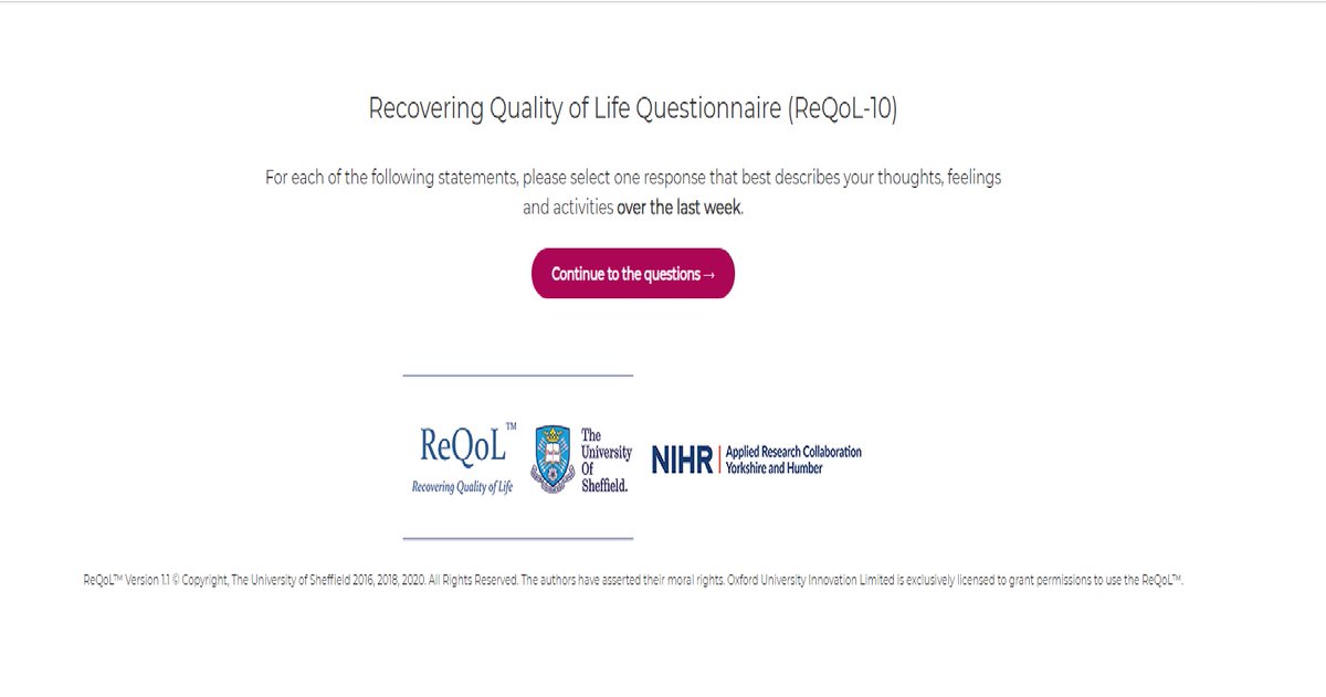 Recovering Quality of Life Questionnaire (ReQoL-10) Visualisation Tool is now available online at tinyurl.com/y5f2lo3k It’s a digitally reproduced version of ReQoL-10, with a facility to download and print the results @ScHARRSheffield <a href="/NIHR_ARC_YH/">NIHR Yorkshire & Humber ARC</a>