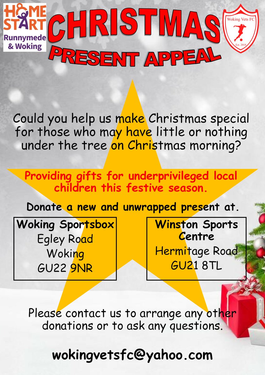 WokingSportsbox (@wsportsbox) on Twitter photo Christmas Present Appeal
We are pleased to be supporting this year's Woking Vets FC Christmas Present Appeal
Donate a new and unwrapped present at Woking Sportsbox and help support underprivileged local children.
For more information contact
wokingvetsfc@yahoo.com #Woking Christmas Present Appeal
We are pleased to be supporting this year's Woking Vets FC Christmas Present Appeal
Donate a new and unwrapped present at Woking Sportsbox and help support underprivileged local children.
For more information contact
wokingvetsfc@yahoo.com #Woking