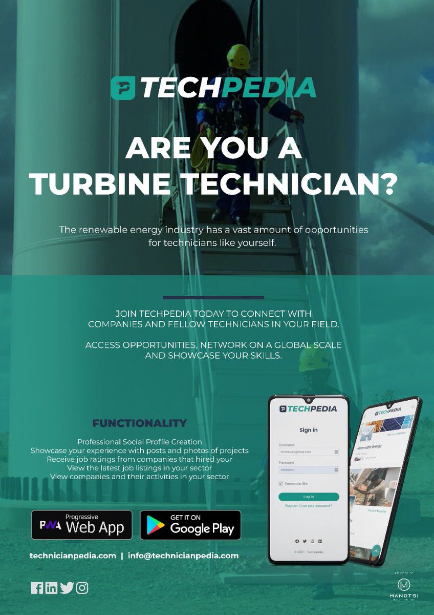 Techpediaza's tweet photo. Are you a turbine technician? #Windpower #Sawea #turbinetechnician #renewableenergy #windac #techpedia https://t.co/CEDXqXXjww