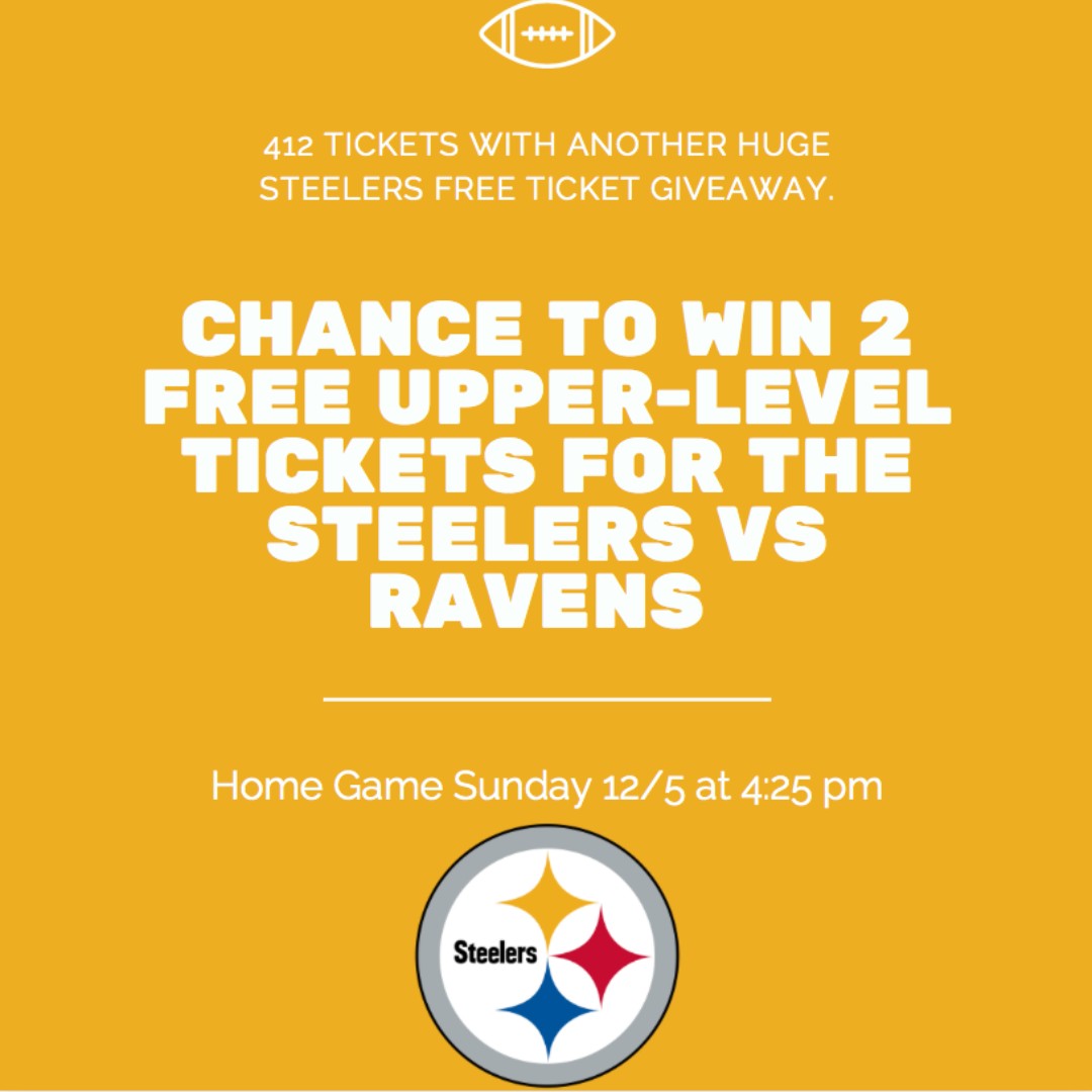 #SteelersTwitter, Now is your chance to win our 27th #SteelersFreeTicketGiveaway.
2 Free Upper-Level Tickets.
#Steelers vs #Ravens Sun 12/5 4:25pm
Giveaway Starts Now until Tue. 11/30 @ 11:59 pm
To Enter: Follow, Retweet &amp; Tag 4 or More Friends
Winner must Agree Not to Resale Tix