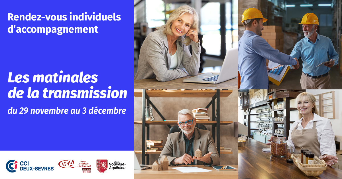 Vous souhaitez transmettre votre entreprise ? 
Cette semaine, la CCI Deux-Sèvres organise les Matinales de la transmission. 

Des rendez-vous individuels sont disponibles le 03/12 sur Bressuire, plus d’infos et inscription bit.ly/3CjgGtb

Avec @CMA_79 et <a href="/NvelleAquitaine/">Nouvelle-Aquitaine</a>