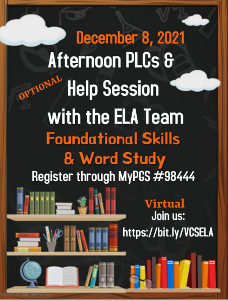 Please join us December 8th at 2:45 for an optional Afternoon PLC where we will dig deep into Foundational Skills and Word Study.