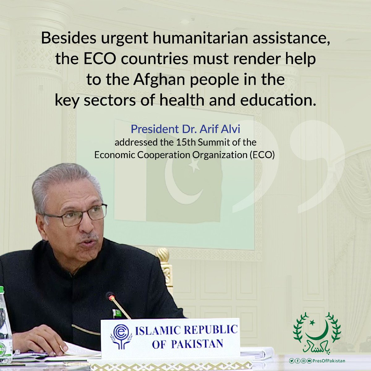 PresOfPakistan's tweet photo. "Besides urgent humanitarian assistance, the ECO countries must render help to the Afghan people in the key sectors of health & education."
- President Dr. Arif Alvi, addressed the 15th Summit of ECO
Full Speech Link👇
https://t.co/K9wplJGGFs
#ECOSummit #PakInECO #Turkmenistan https://t.co/DdSLQgHADf