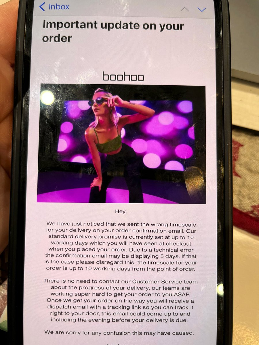 When you place and order pay £3.99 for delivery and it says 5 working days on confirmation and then get sent this the next day ….. 10 working days and 3.99 for delivery <a href="/boohoo/">boohoo</a> #poorcustomerservice #slowfashion