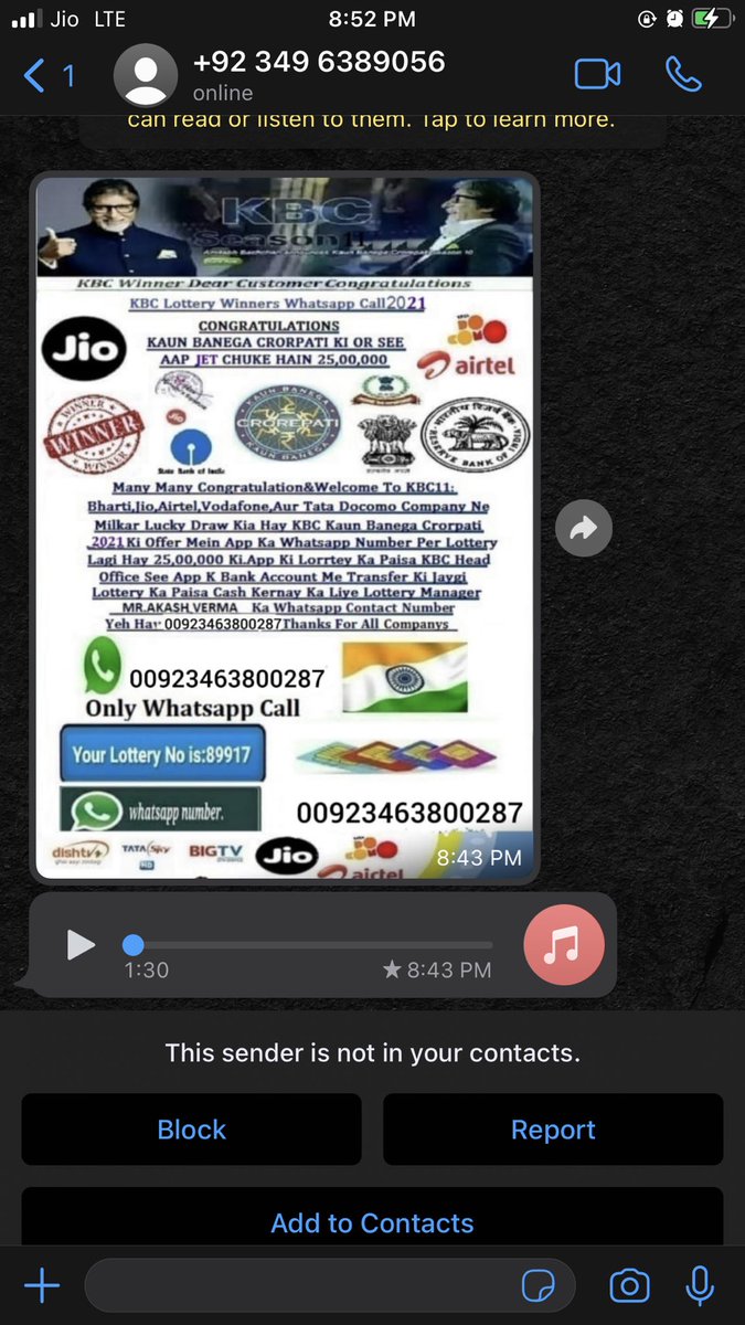 MohammedNashath's tweet photo. Got this fraud message on WhatsApp that my number won lottery of ₹25 lakhs I have blocked the number immediately @KBCsony @SonyTV @SrBachchan take some action against these frauds 
This is the number +92 349 6389056 from which i recieved the message https://t.co/uqeKav7ydS