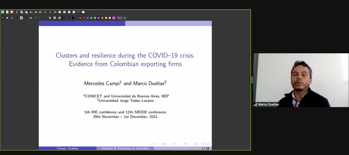 een_urosario's tweet photo. Seguimos con las sesiones paralelas en #RIELATAM y #MEIDE con la presentación de Marco Dueñas titulado Spillover Effects - Clusters and resilience during the COVID-19 👉👉 “Las firmas tienden a especializarse en un grupo específicos de productos y a diversificarse poco” https://t.co/izl8HuTnFM