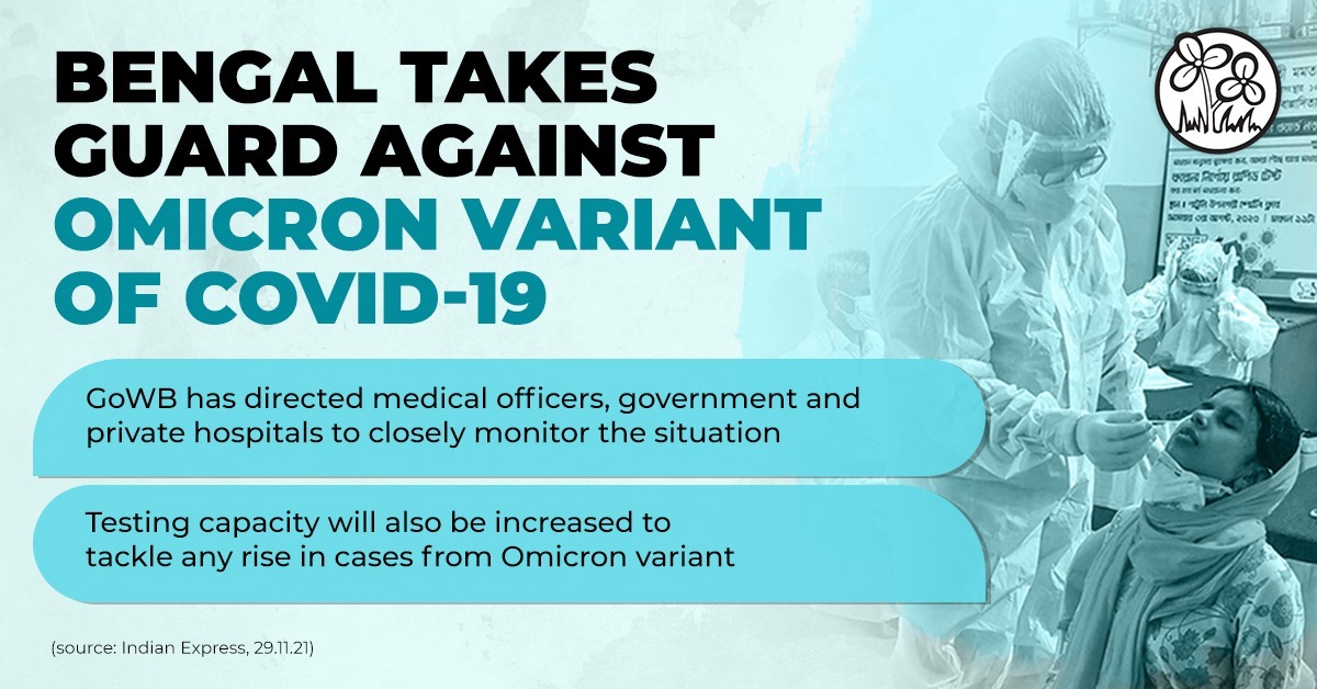 AITCofficial's tweet photo. Safety and security of our people has ALWAYS been our top priority.

Prompt actions have been taken under the guidance of 
@MamataOfficial to prepare adequately for the Omicron variant of #COVID19.

#DidiAchheChintaNei https://t.co/Tdau2GdFvz