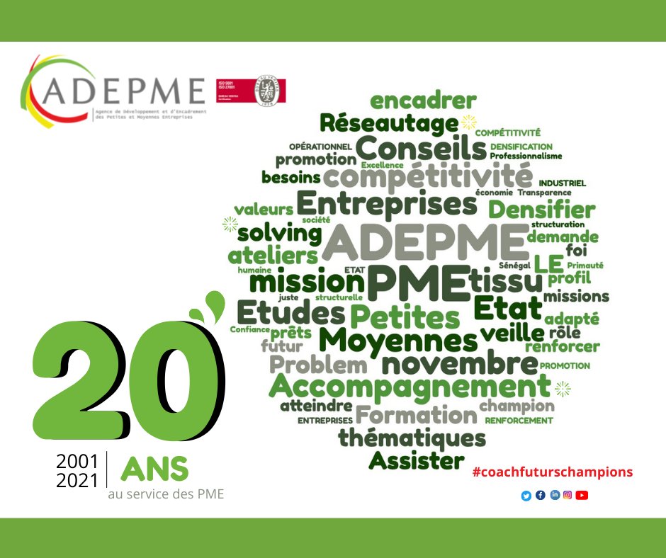 📣 Aujourd'hui, nous avons 20 ans...

20 ans d'accompagnement, d'encadrement et d'assistance des PME et des micro-entreprises.

20 fois merci à tous nos partenaires et à toute l'équipe de l'<a href="/Adepme/">ADEPME</a> pour votre investissement au quotidien.

#coachfuturschampions 
#20ansadepme