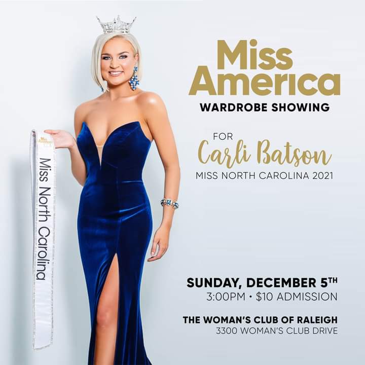 Join us this Sunday, December 5th, for Carli's Miss America Wardrobe Showing! The event will take place at the Woman's Club of Raleigh starting at 3PM. Limited tickets are available! #MissNC #MissAmerica

>> Purchase tickets: ow.ly/gu4H50GYfhX