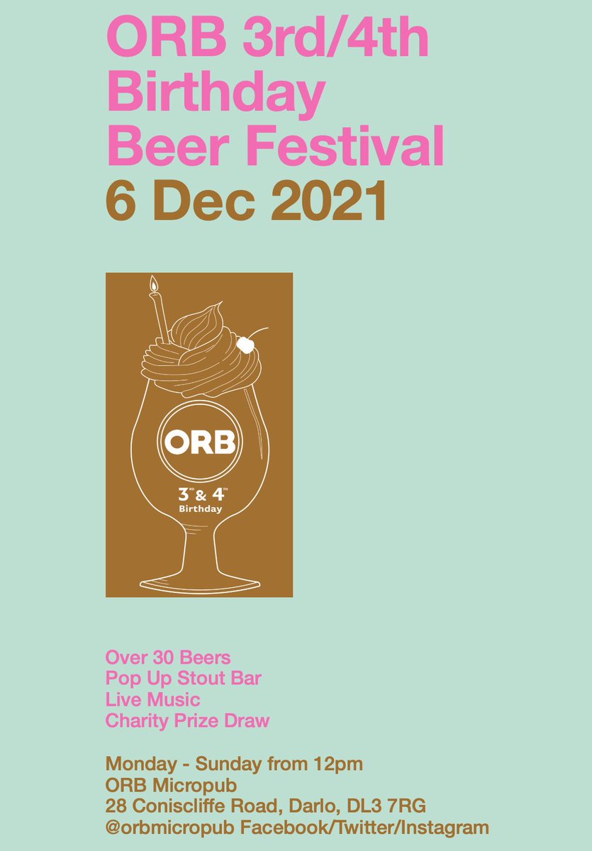 ORB Birthday Beer Festival
Monday 6th - Sunday 12th December

<a href="/lovedarlouk/">#LoveDarlo</a> <a href="/craftbeerncl/">Craft Beer Newcastle</a> <a href="/NeCamra/">North East Region of CAMRA</a> <a href="/darloCAMRA/">Darlington Camra</a> <a href="/CAMRADurham/">CAMRA Durham</a> <a href="/SST_CAMRA/">Sunderland & South Tyneside CAMRA</a> <a href="/TYNCAMRA/">TYN CAMRA</a> <a href="/darloforculture/">Darlington For Culture</a> #beerfestival #beerfest
