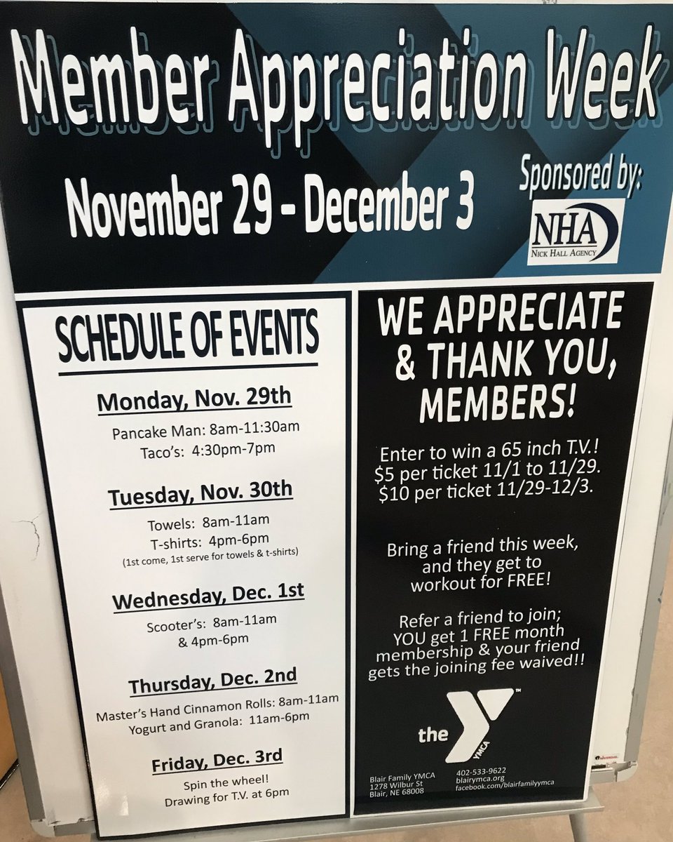 Calling all Blair Family YMCA members! It is the 1st day of Member Appreciation Week! The Pancake Man is here ready to serve pancakes!! Thanks to Nick Hall Agency for sponsoring the week!!!