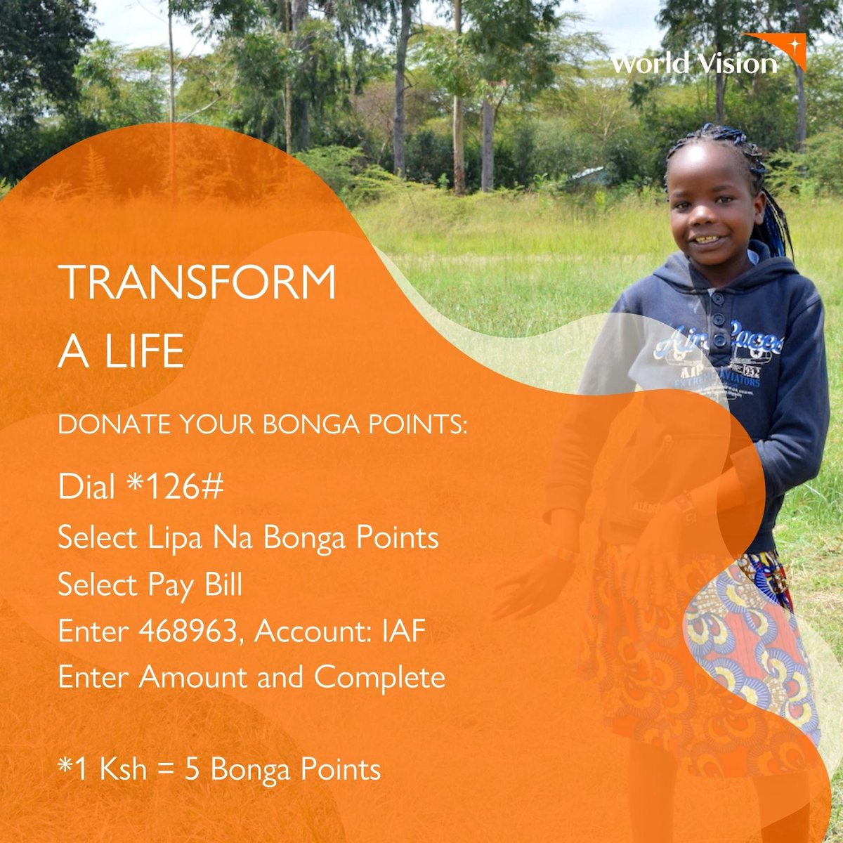WorldVisionKE's tweet photo. Did you know that with #BongaForGood you can change a child’s life in Salgaa by donating your Safaricom Bonga Points? Dial *126# and follow the easy steps to donate. #TransformSalgaa
Learn more about Salgaa here: https://t.co/OJvP0MCuAk https://t.co/WyYe87kRV7
