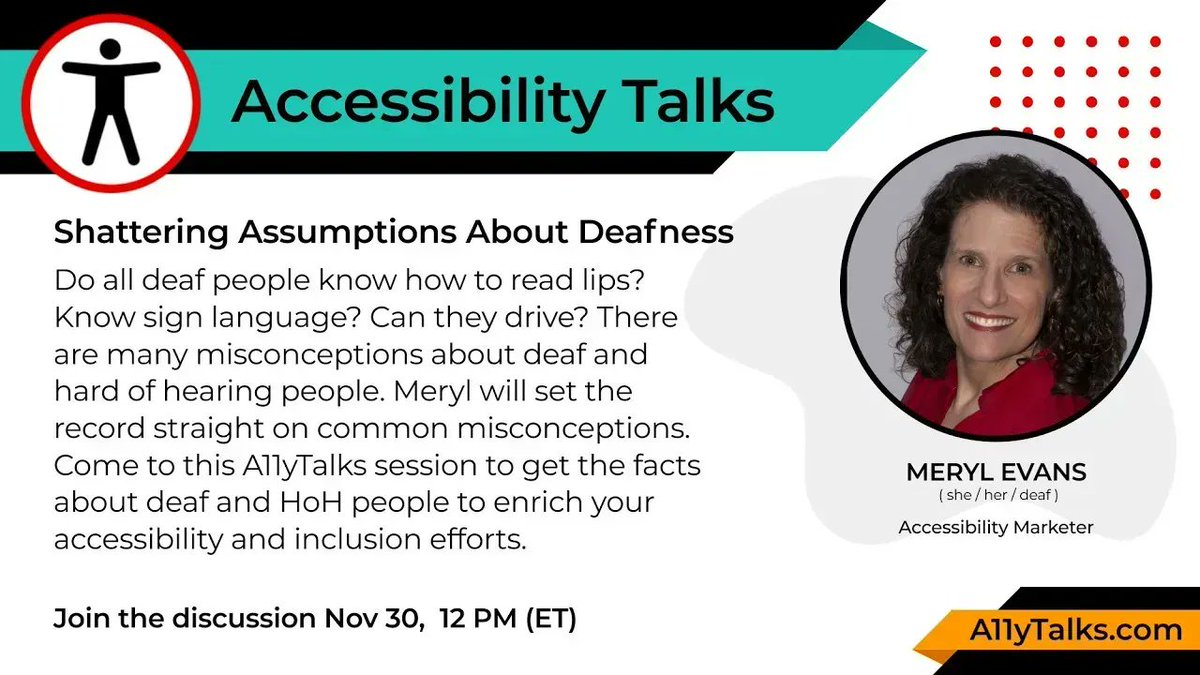 A11YTalks's tweet image. Tomorrow at 12pm ET, the amazing @merylkevans will shatter assumptions around deaf and Hard of Hearing people. Bring your questions and we’ll see you on YouTube! #A11y #Accessibility

Meryl’s resources: buff.ly/3qUMlyo
YouTube stream: buff.ly/3nTdeRy