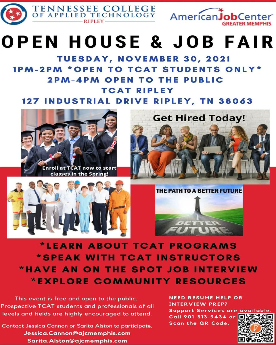 The AJC and TCAT Ripley will host an open house and job fair at TCAT Ripley tomorrow, Tue., Nov. 30, open to TCAT students only from 1 to 2 p.m. and open to the public from 2 p.m. to 4 p.m.