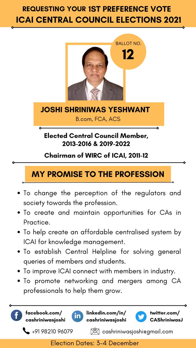 CAShriniwasJ's tweet photo. My promise to the profession is to use my four decades of expertise to create new opportunities for my fellow professionals and change the systems in place if required. 

This 3-4 December, vote for Continuity, Experience, and Technical Expertise. 
#ICAI #CentralCouncilElections https://t.co/5IZ4JjVZAo