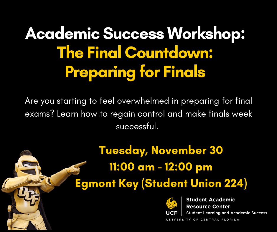 UCFSARC's tweet photo. Hey Knights! π Our final workshop of the semester is tomorrow! Come learn how to prepare for your finals! πβοΈ We look forward to seeing you there! #UCFSARC #AcademicSuccessWorkshops #Fall2021 #AcademicSupport #GoKnights https://t.co/JnqTwN50z1