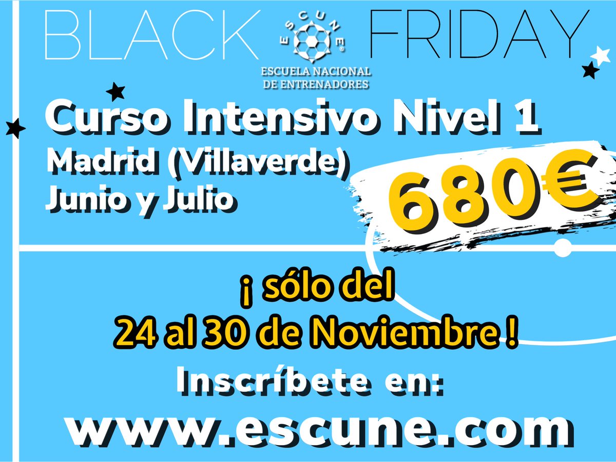 ⚫️ 𝙱𝙻𝙰𝙲𝙺 𝙵𝚁𝙸𝙳𝙰𝚈 ⚫️

CURSO INTENSIVO NIVEL 1.
📍Villaverde (Madrid)

𝗦𝗢𝗟𝗢 𝗗𝗘𝗟 𝟮𝟰 𝗔𝗟 𝟯𝟬 𝗗𝗘 𝗡𝗢𝗩𝗜𝗘𝗠𝗕𝗥𝗘…
POR EL PRECIO DE 𝟲𝟴𝟬€!!!

Inscríbete en: escune.com 
@Escune