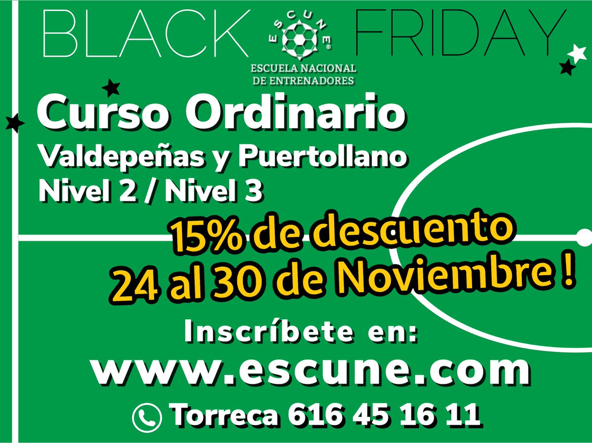 •♟BLACK FRIDAY♟•
.⚫️⚫️⚫️⚫️⚫️⚫️⚫️⚫️.

CURSO ORDINARIO en Valdepeñas y Puertollano.
🧑🏾‍💻👩🏼‍💻NIVEL 2 y NIVEL 3.

🔊Con un 15% de descuento ✅‼️‼️

escune.com