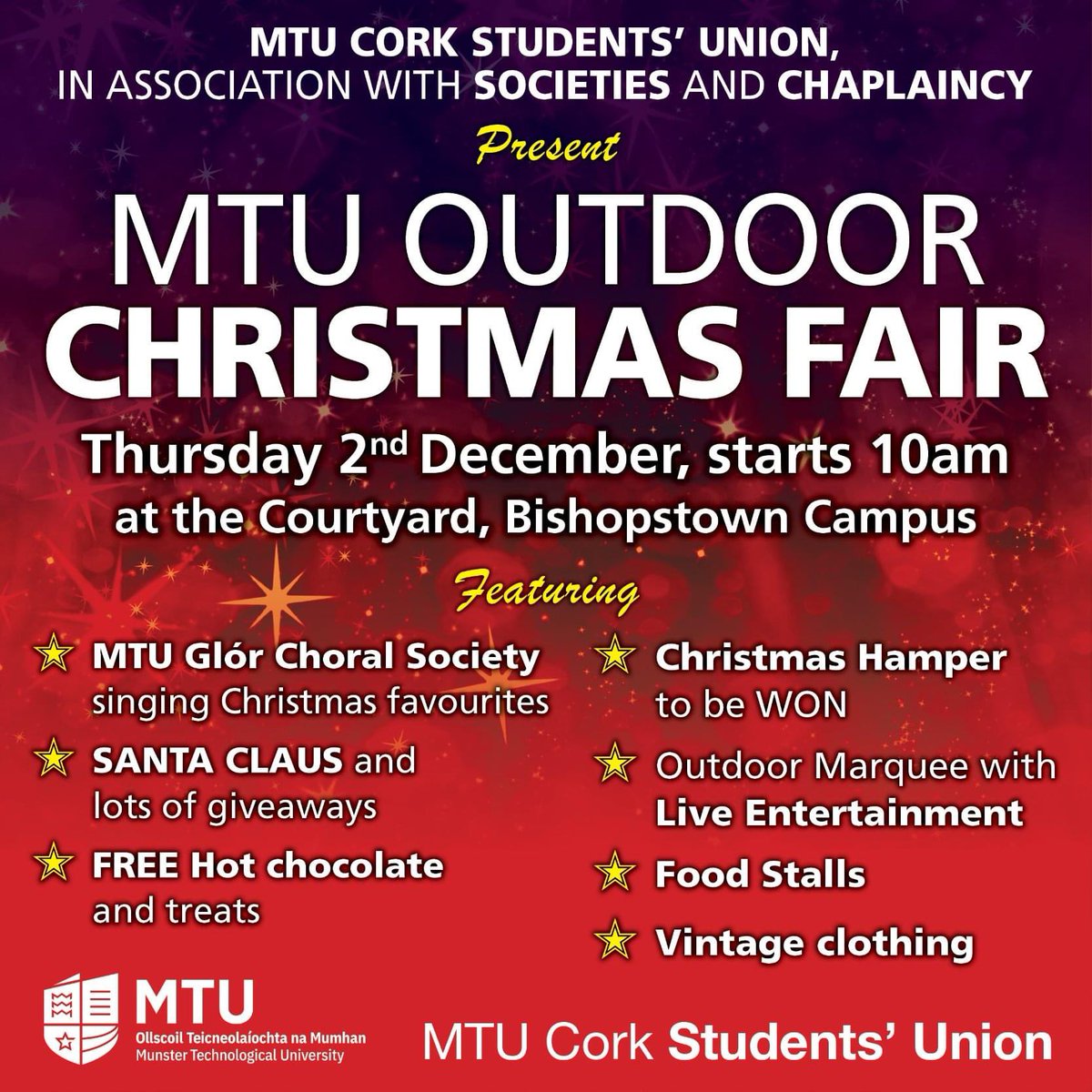 MTU_CorkSU's tweet photo. HO!HO!HO! Check out MTU OUTDOOR Christmas Market  Thursday 2nd December on Bishopstown Campus featuring SANTA, FREE Hot Choclate, MTU Glor Choral Society and loads more😀 https://t.co/YJ8hRZFrYk