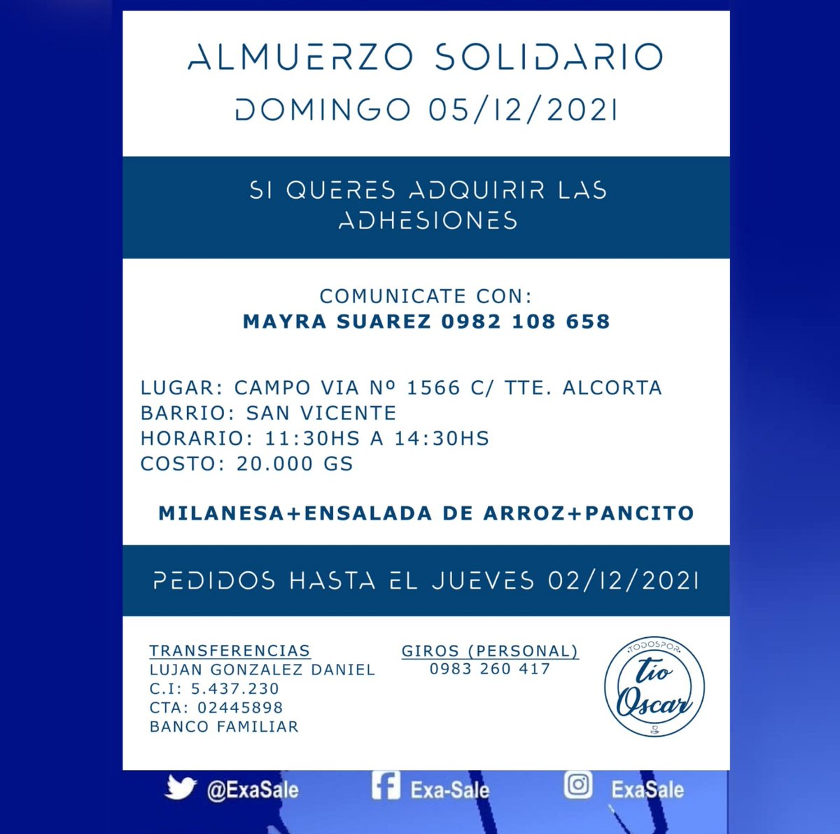 EXASALE's tweet photo. El papá de la compañera Lucía Medina (2016), el Tío Oscar, nos necesita, mucha FUERZA para él y toda la Familia 💪💙
#todosxtioOscar
#ExaSale
#Salesianito https://t.co/UTV4JtjjvC