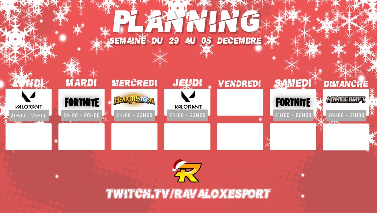 🎥STREAMING🎥

On va entamer le mois de décembre et la chaîne #twitch de la #ravalox ne faiblit pas, voici le planning !💪

Au programme:
- #VALORANT 
- #Fortnite 
- #Hearthstone
- #Minecraft 

Tu peux déjà t'abonner à la chaîne de la structure !🟡🟠

▶️ twitch.tv/ravaloxesport