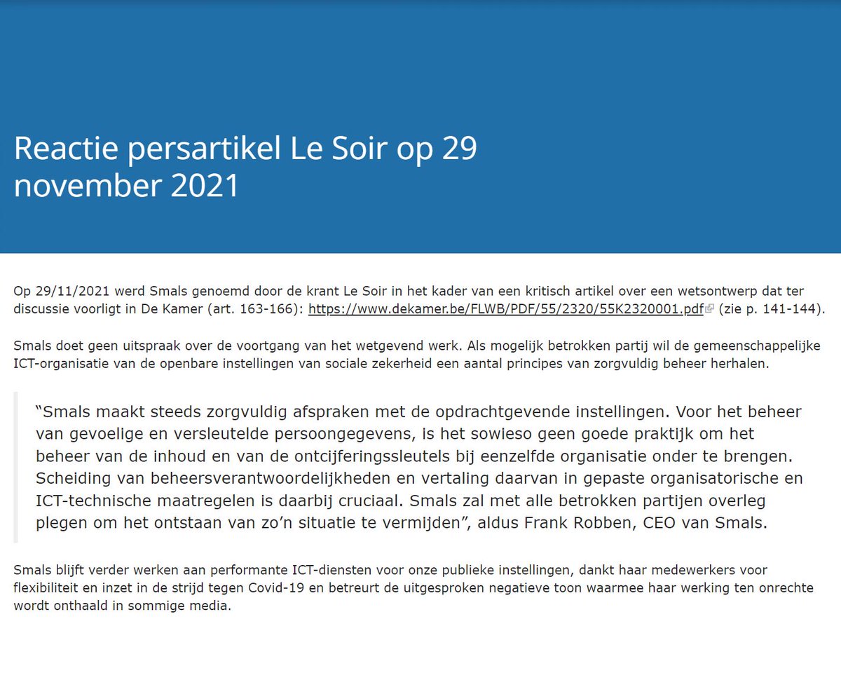 Smals_ICT's tweet photo. Reactie @LeSoir - Smals doet geen uitspraak over de voortgang van het wetgevend werk. Als mogelijk betrokken partij herhaalt ze een aantal principes van zorgvuldig beheer.

Volledige reactie:
https://t.co/8Z4c5nC9CK https://t.co/cjXjyCazBm