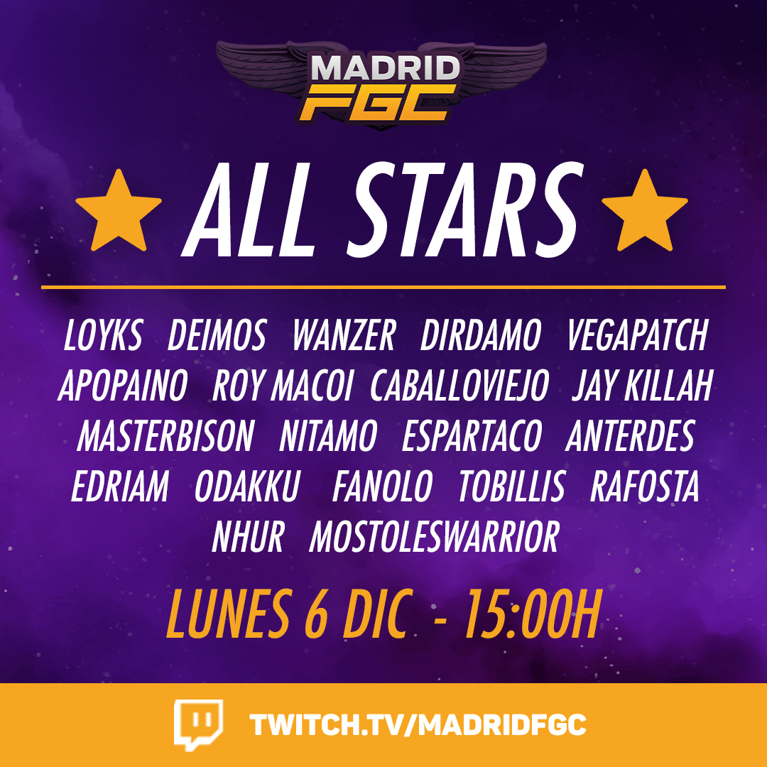 MadridFGC's tweet photo. ¡Volvemos! El próximo Lunes 6 de Diciembre a  las 15:00 os esperamos en nuestro canal de Twitch con MadridFGC All Stars. Un torneo offline de Street Fighter V de exhibición e invitacional de 20 players de Madrid. Además estad atentos porque al final de torneo se viene ANUNCIO👀 https://t.co/tT4WdV4WNv