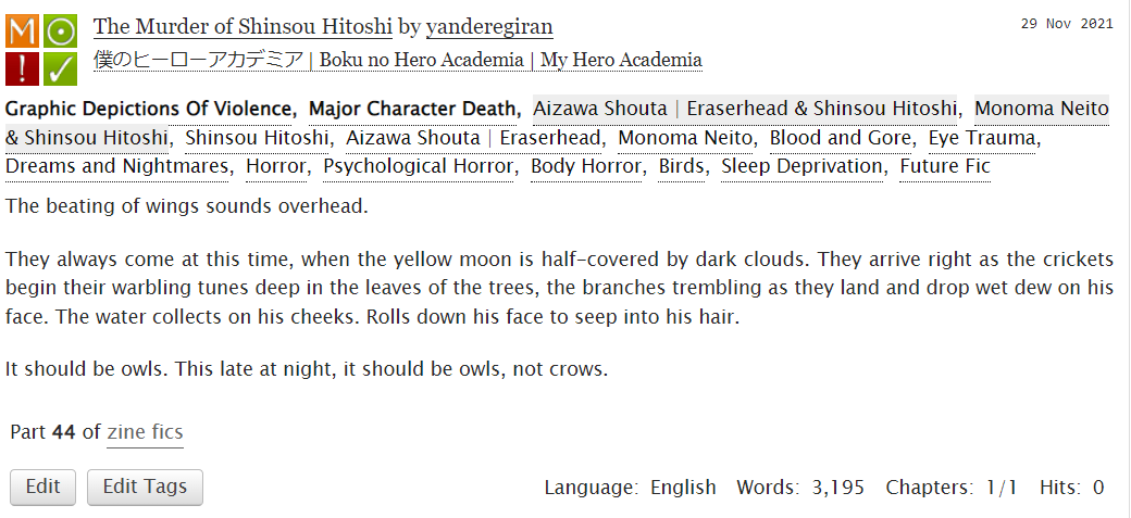 finally posting my piece for <a href="/HorrorZine/">FRIGHT NIGHT (A BNHA Horror Zine) @ FINISHED</a> !! this was for the digital add-on! 😊

i genuinely had so much fun with this... rly feel like psychological sorta body horror sorta horror fits my style so well~ i feel so lucky i got to participate in this zine~~

archiveofourown.org/works/35404516