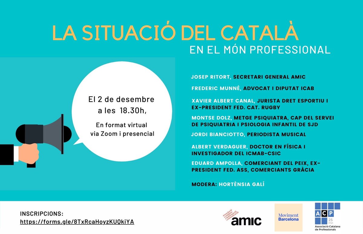 Dijous 2 de desembre, tercer debat monogràfic sobre #llengua.
Analitzem la situació del #catala en diferents àmbits del #mónprofessional 🔴 A les 18:30h CAT: youtu.be/OBiJH_isp-8 ✍️inscripcions: forms.gle/8TxRcaHoyzKUQk…
