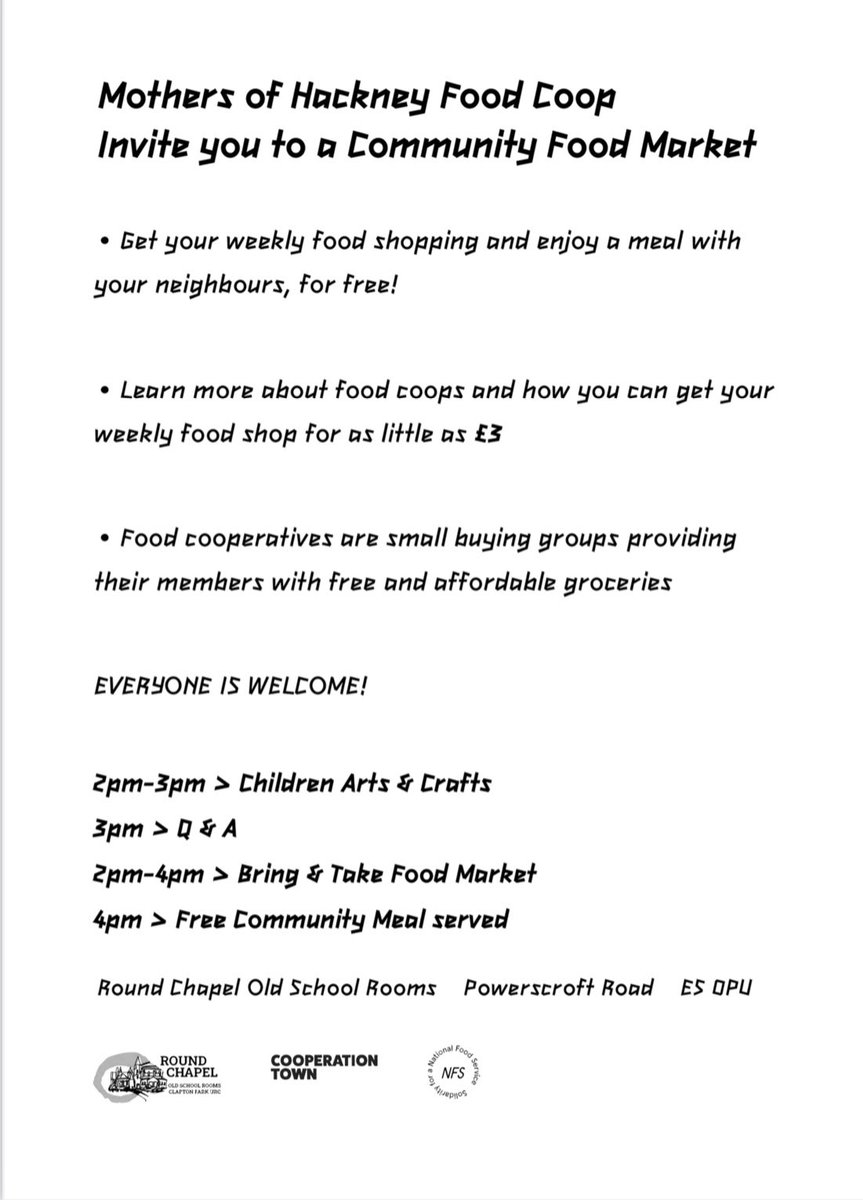 Join us this Saturday  2pm - 4pm to find out more about setting up food coops

Bring and take food market
Activities for children
Q&amp;A 
Free community meal @ 4pm! 

Event run by ‘Mothers of Hackney’ to celebrate their new coop, it’s funded by NFSL and hosting here! 

All welcome!