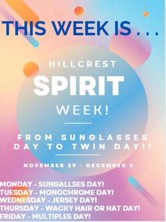 It's Spirit Week! Thanks for the great poster Adi! 

#spiritweek #sunglassesday #monochromeday #jerseyday #wackyhairday #twinday #hillcrestmiddle