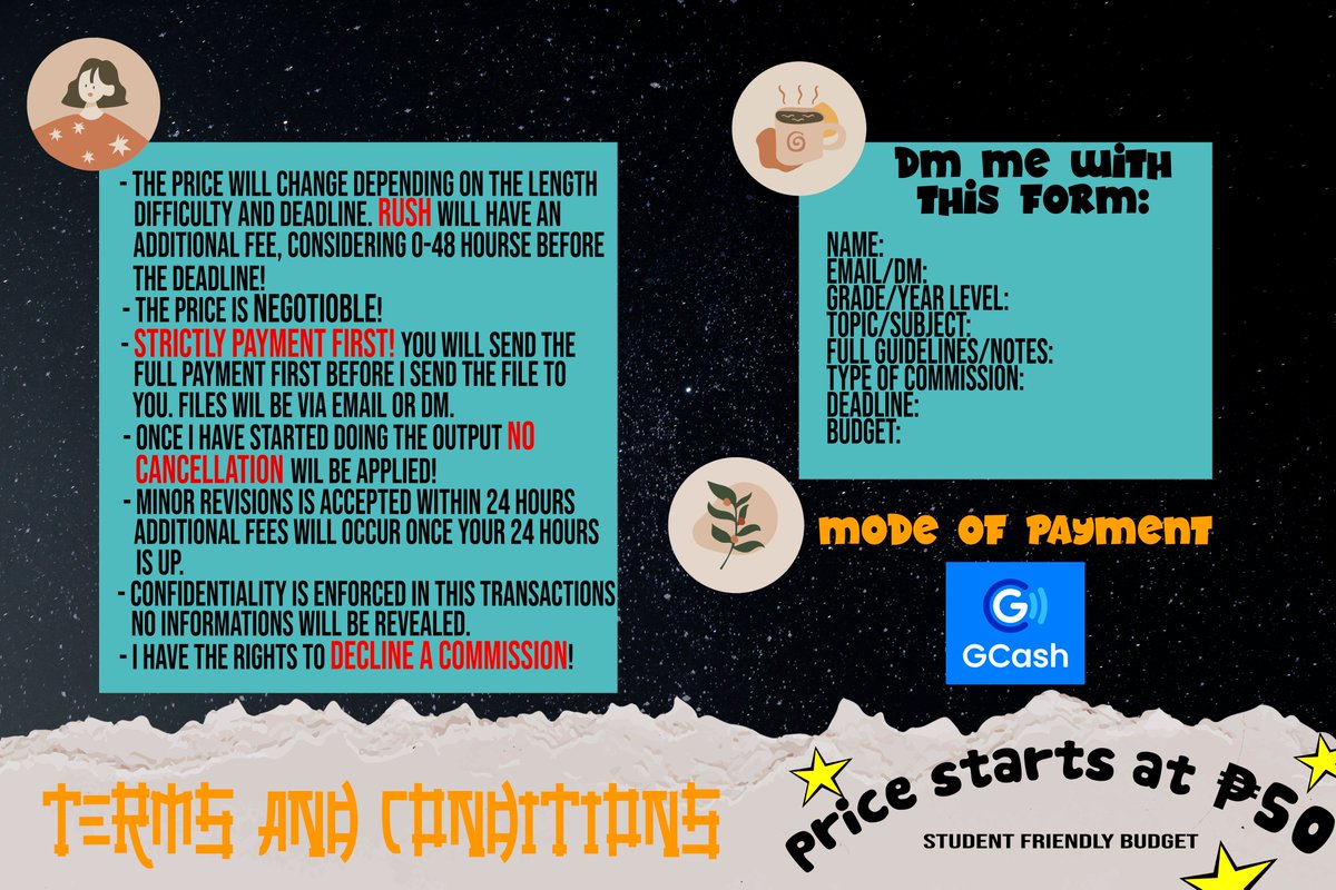 esprejjyu's tweet photo. Hello! Ari here~ commissioner and an acad helper, at your service!
Offering academic commissions for a negotiable price.
Kindly read the deets below 🥰
Just DM me and I will accommodate each one of you ❤️
lf commissioner // lf client
#ARCfeedback ❤️🔥 https://t.co/lrUHqx6aji