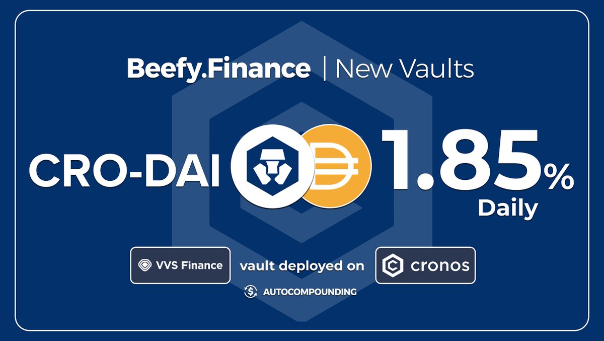 beefyfinance's tweet photo. Use Beefy, the #YieldOptimizer that cares about both your security and your earnings. 

Also, this @VVS_finance vault is insane💥👀🚀🤩🎈🎉🍾

🔥 $CRO - $DAI LP: 1.85% Daily
https://t.co/w2B6YJbkRo

#BeefyonCryptocom #FFTB @cronosapp @Cryptocom #CRO #SAFU https://t.co/B30eDQa4Np