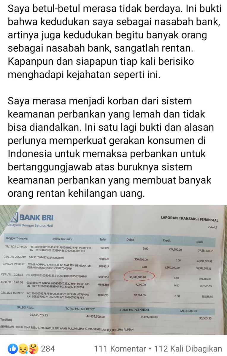 Teman saya, Marsen Sinaga, mengalami kejahatan skimming ATM. Uang di rekening BRI dia mendadak lenyap. Jumlahnya Rp38,4 juta. Cuma menyisakan Rp95 ribu. 

Saya sudah izin membagikan postingannya di sini. <a href="/kontakBRI/">Contact BRI</a> harus segera merespons &amp; memulihkan hak nasabah!