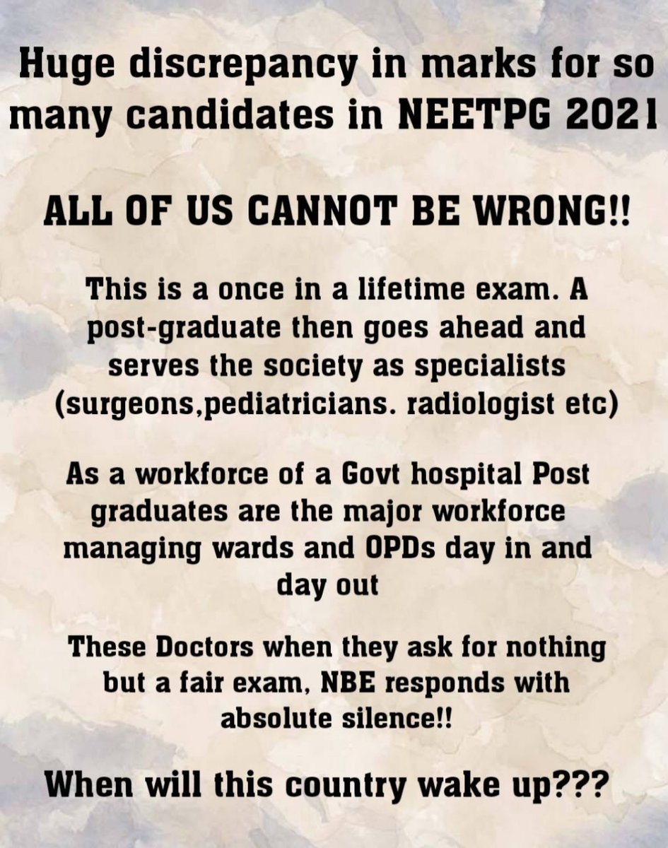 ladpratikr's tweet photo. This is so autocratic of NBE to not answer the doubts of candidates who have discrepancy in marks. If NTA can release the Answer key and Answer Sheet of candidates... Why can't NBE?? What is NBE trying to hide..??
#discrepancyinneetpgmarks2021 https://t.co/a7BmV9SXZZ