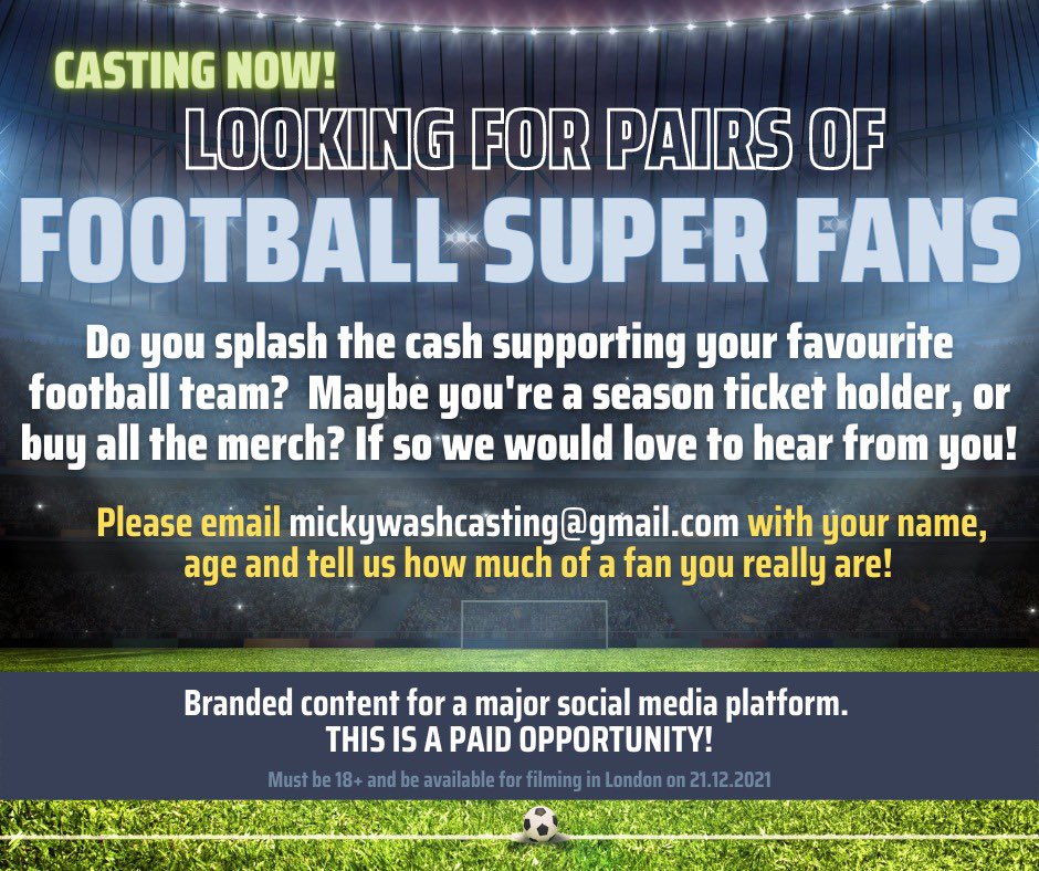 CASTING: Looking for football super fans for some fun, paid online branded content! Pls share <a href="/OfficialCastMe/">Cast Me</a> <a href="/TV_Casting_Hub/">TV Casting Hub</a> <a href="/Castingfortelly/">Casting for Telly</a> @castingtalent_
