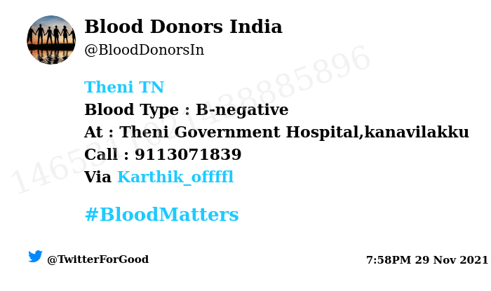 BloodDonorsIn's tweet photo. #Theni TN
Need #Blood Type :  B-negative
Blood Component : Blood
Number of Units : 2
Primary Number : 9113071839
Patient : Buvana Rajkumar
Illness : Delivery
Via: @Karthik_offffl
#BloodMatters
Powered by Twitter https://t.co/zWHz7KHY9X