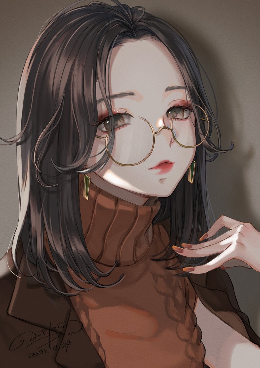 1girl solo glasses sweater earrings jewelry black hair  illustration images