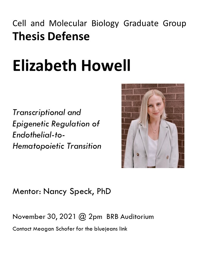 Elizabeth Howell <a href="/Howell_ED2/">Elizabeth Howell</a> from the Speck lab <a href="/LabSpeck/">Speck Lab</a> defends tomorrow!