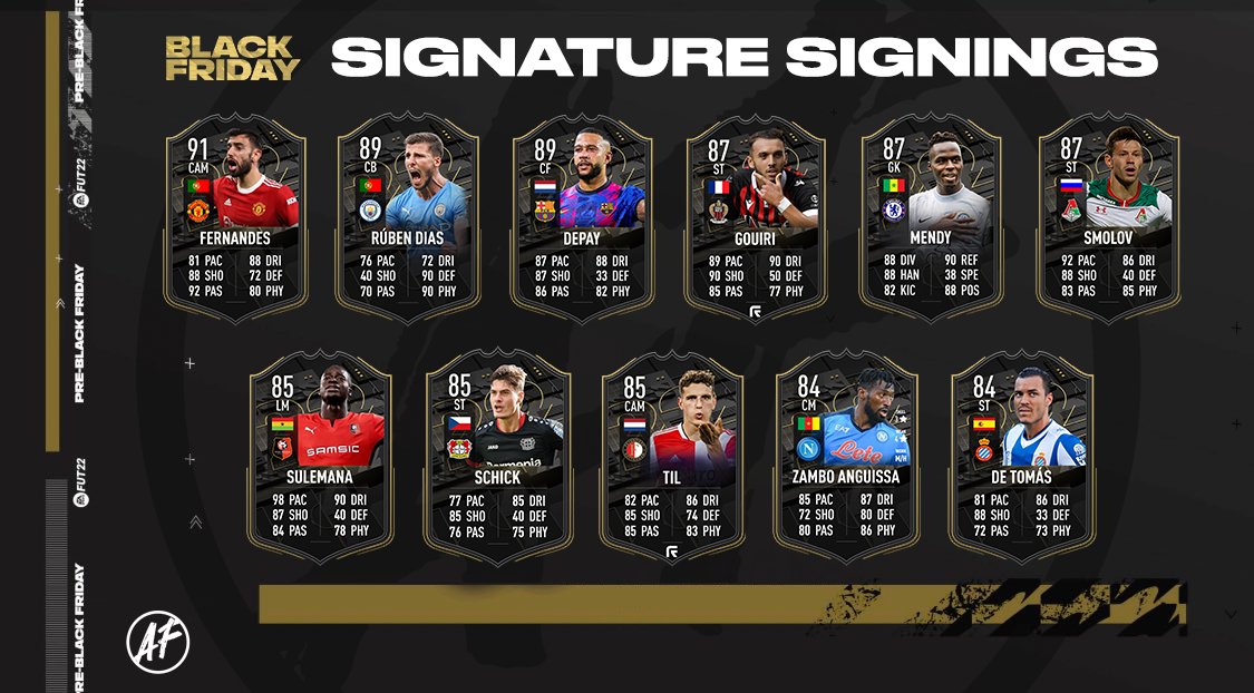 AlternativeFut's tweet photo. 🇵🇹 91 Bruno 🔥
🇳🇱 89 Depay 🪄
🇬🇭 85 Sulemana ⚡️
Here is your ALTERNATIVE #FIFA22 Signature Signings promo! Some of the most successful signings over the past 2 years.
What do you think? How does it compare to the official #FUT22 #signaturesignings promo?
Let me know below ⬇️ https://t.co/V8UnTZzsBt