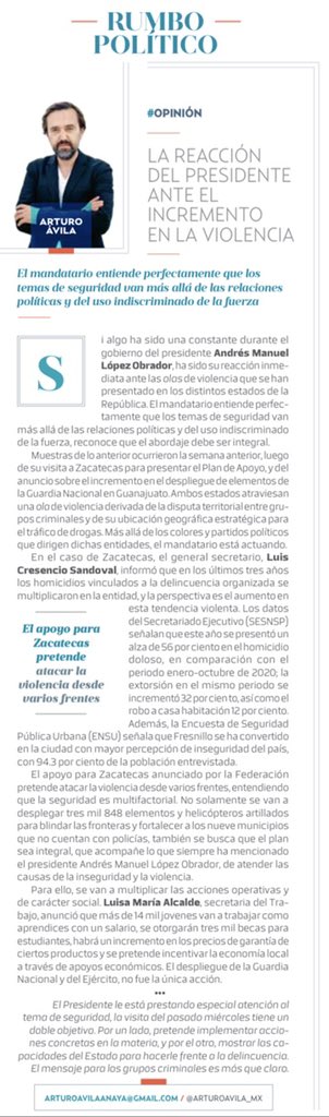 arturoavila_mx's tweet photo. La reacción del @lopezobrador_ ante el incremento de la violencia en algunas entidades, mi columna de la semana en el @heraldodemexico 👉🏻 https://t.co/XUJ6J30LA3 https://t.co/2Mqc9hf0kY
