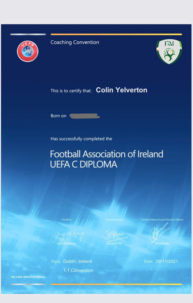 Delighted to have completed and received my UEFA C diploma. Really enjoyed this conversion course. Thanks to @NiallORegan29 @ross_kenny and all the team @FAICoachEd #lifelonglearning #realitybasedlearning #learnercentred #UEFAcoaching #faicoaching