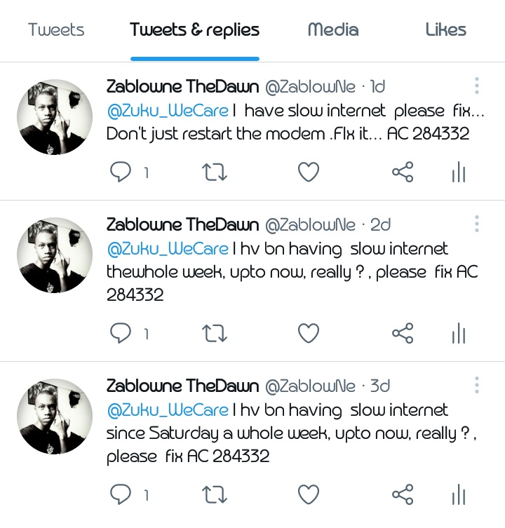 ZablowNe's tweet photo. @Zuku_WeCare I  hv bn having slow internet for the last 2 weeks. you guyz have been telling me please restart the modem..please note ..that has not fixed the problem. I want the issue to be fixed from the backend ,I want my 5mbs not .0.1mbs ..Fix it 284332 https://t.co/lJ242DaBp6