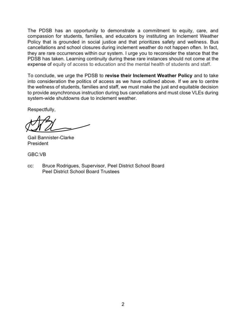 ETFOPeel's tweet photo. Open Letter to @PeelSchools DOE @RashmiSwarup from @ETFOPeel President @GailHBC, re: PDSB Inclement Weather Policy.

This PDSB policy “represents a failure to address equity of access in our system…[it] privileges some &amp; creates barriers for others.” #ETFO #onted #onlab https://t.co/dis8MHc2Rj