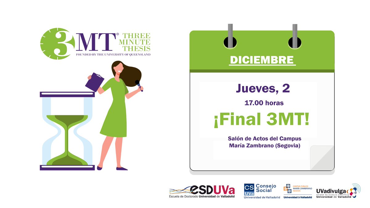 EsDUVa (@esduva) on Twitter photo ¡Ya queda menos! Este jueves a las 17:00 llega la FINAL 3MT-Three Minute Thesis. Y será en el Campus María Zambrano de Segovia. ¡Mucha suerte a nuestros 12 finalistas! <a href="/SJC_UVA/">SJC_UVa</a> <a href="/ConsejoSocUVa/">Consejo Social UVa</a> <a href="/UVadivulga/">UVadivulga</a> ¡Ya queda menos! Este jueves a las 17:00 llega la FINAL 3MT-Three Minute Thesis. Y será en el Campus María Zambrano de Segovia. ¡Mucha suerte a nuestros 12 finalistas! <a href="/SJC_UVA/">SJC_UVa</a> <a href="/ConsejoSocUVa/">Consejo Social UVa</a> <a href="/UVadivulga/">UVadivulga</a>