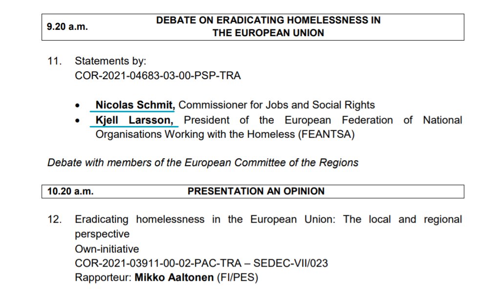 Will be preceded by debate with EU Commissioner of Social Rights <a href="/NicolasSchmitEU/">Nicolas SCHMIT</a> &amp; President of <a href="/FEANTSA/">FEANTSA</a> <a href="/Kjellsortering/">Kjell Larsson</a> as key note speakers. 

Thursday 2/12 at 9h30. 

Live streamed here 👇👇cor.europa.eu/en/events/Page…