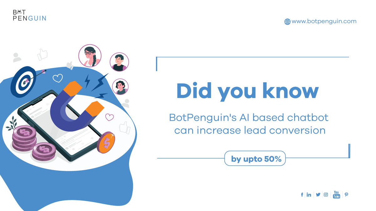 imbotpenguin's tweet photo. Did you know BotPenguin's AI based chatbot 🤖 can increase lead conversion by up to 50%?
Check out the best chatbot building platform!!
https://t.co/zKKUxsBkXy
#chatbot #AIChatbots #BotPenguin #BestChatbot https://t.co/4nI72lnU4G